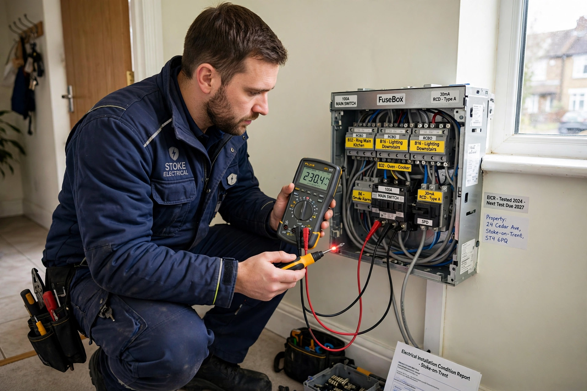 Emergency electrician Stoke testing consumer unit fuse box