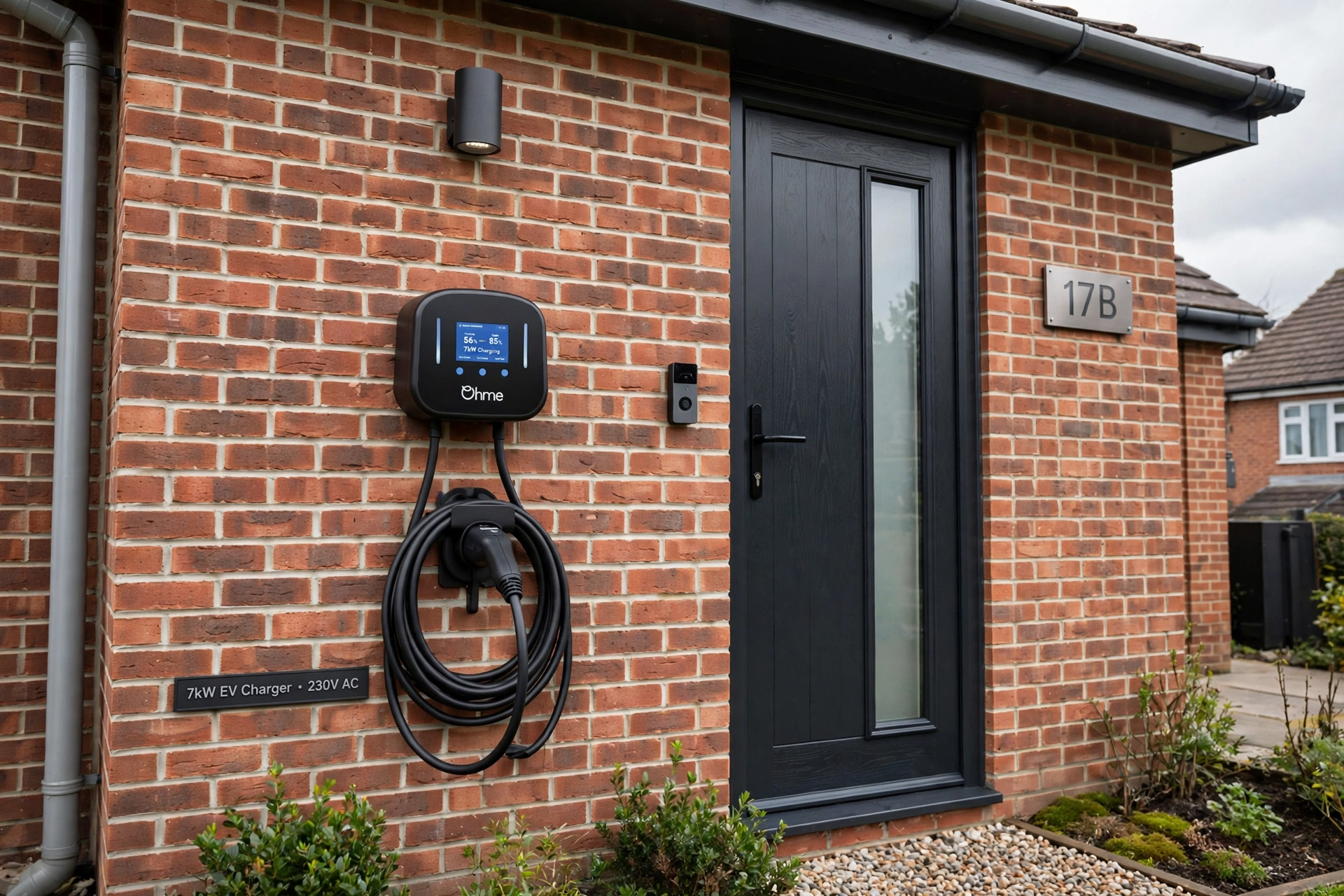 EV charger 7kW installed on brick wall UK house Stoke