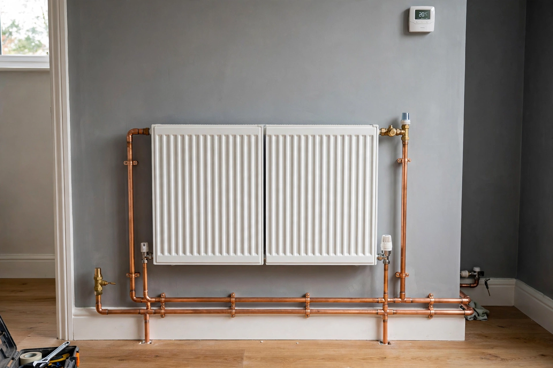 Radiator install tidy pipework Stoke