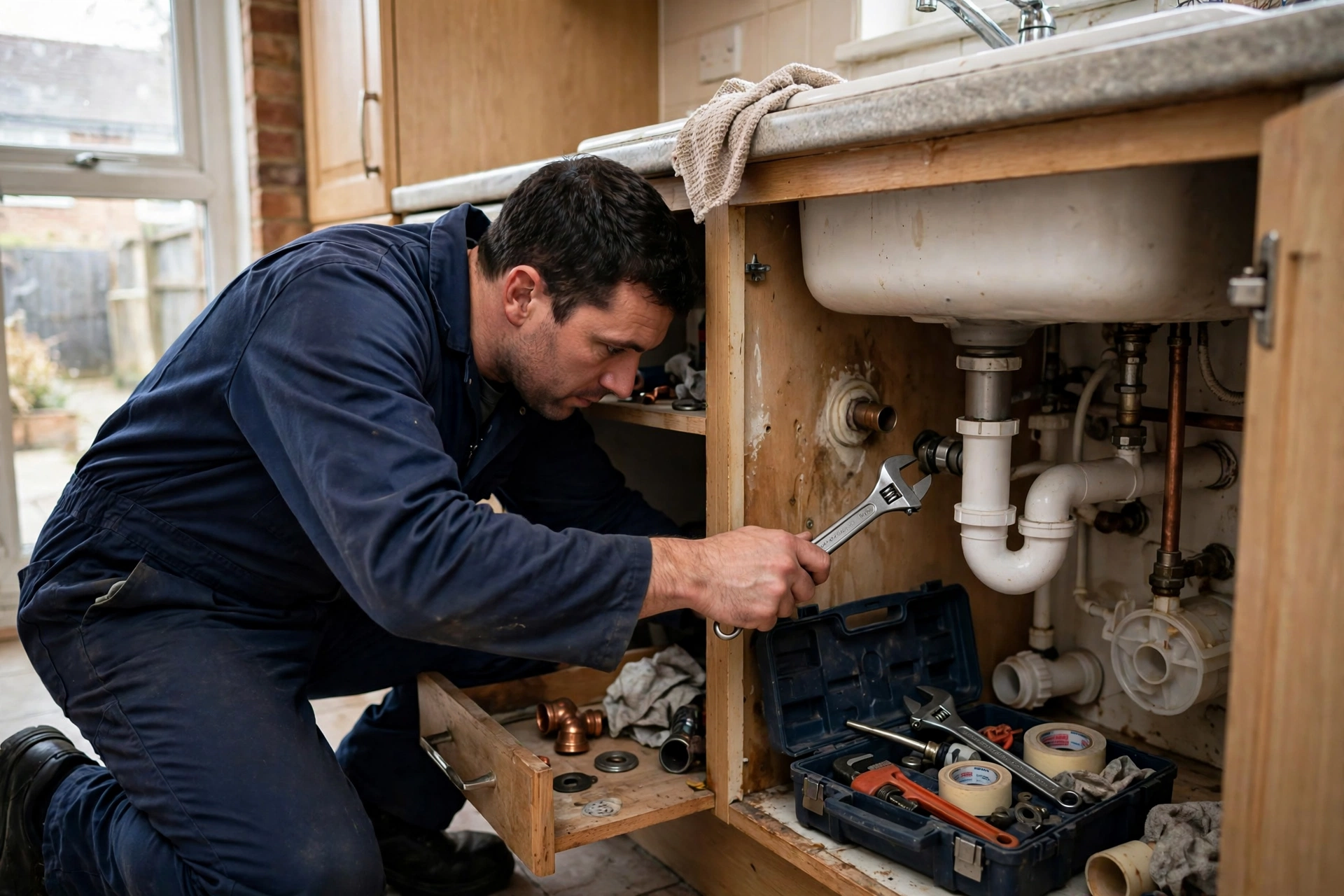 Emergency plumber fixing sink in Stoke home